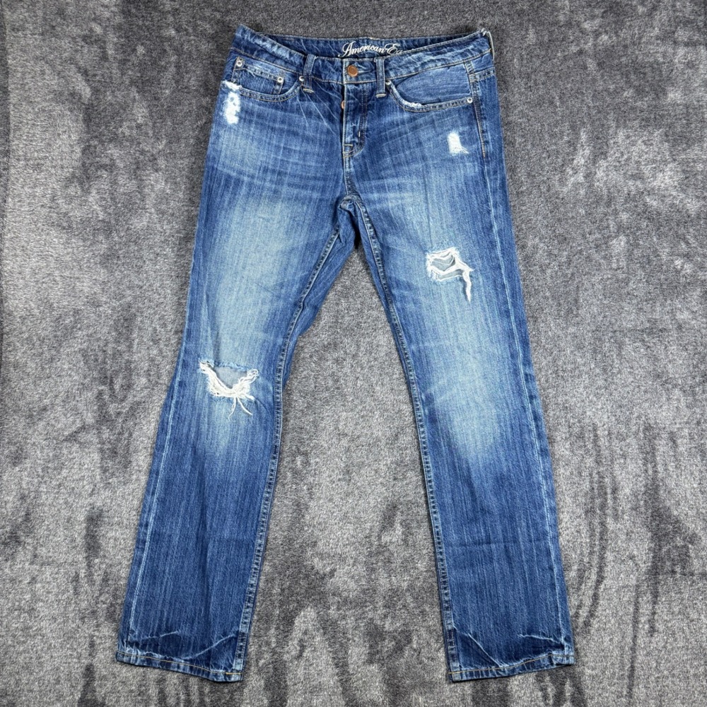 American Eagle Boy Fit Distressed Jeans Medium Wash Button Fly Size 4 Reg